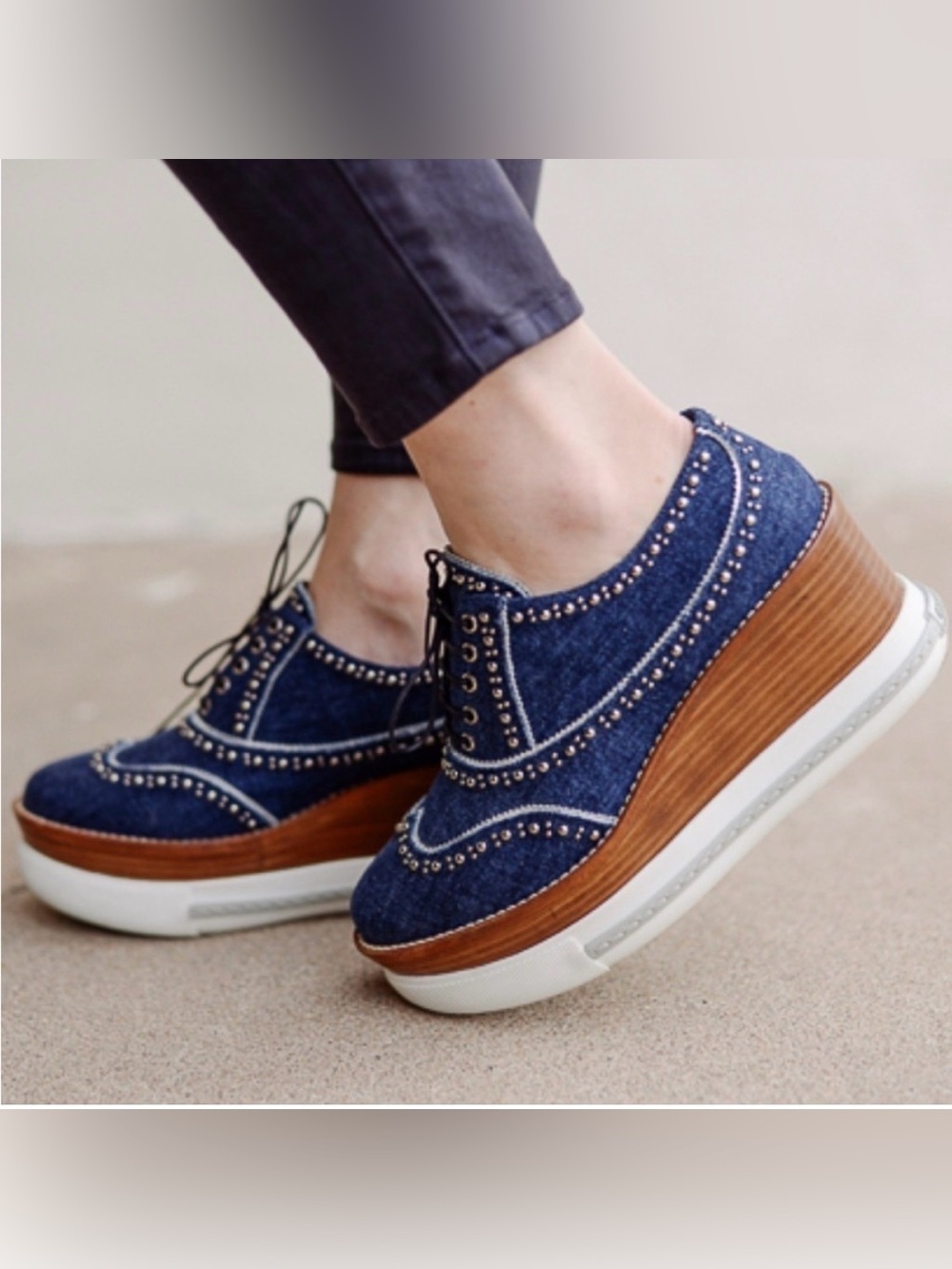 Miu Miu RARE DENIM PLATFORM Studded Wingtip Oxfords SNEAKERS SHOES 7.5